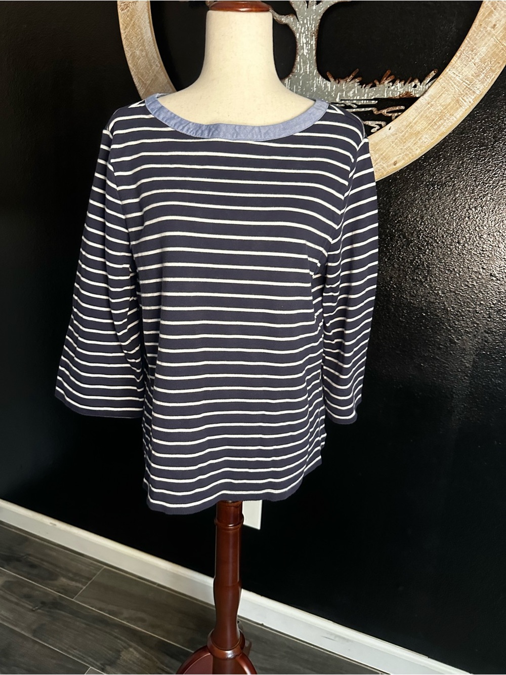 Nautica Navy and White Striped Long Sleeve Boatneck Tee
